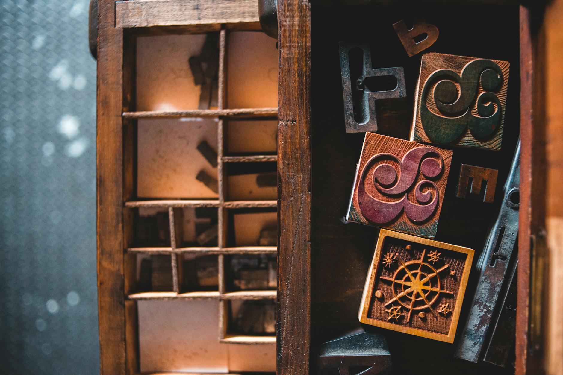 old cabinet drawers with retro letterpress